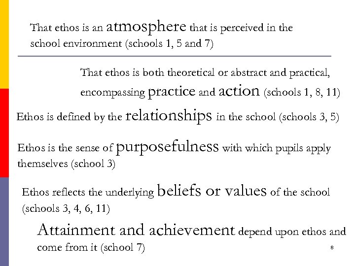 That ethos is an atmosphere that is perceived in the school environment (schools 1,