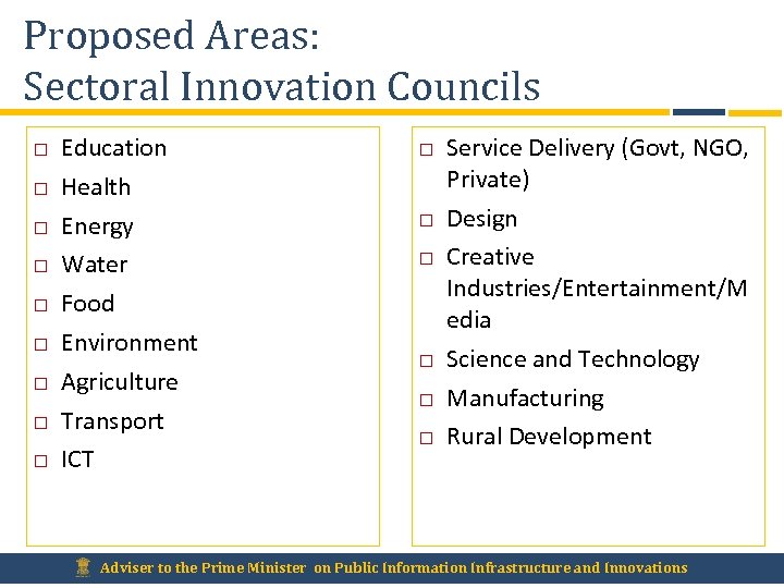 Proposed Areas: Sectoral Innovation Councils Education Health Energy Water Food Environment Agriculture Transport ICT