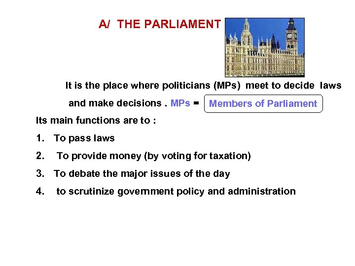 A/ THE PARLIAMENT It is the place where politicians (MPs) meet to decide laws