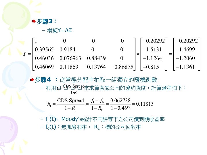 步驟 3： – 模擬Y=AZ 步驟 4 ：從常態分配中抽取一組獨立的隨機亂數 – 利用 來求算各家公司的違約強度，計算過程如下： – f 1(t)：Moody’s統計不同評等下之公司債到期收益率 –