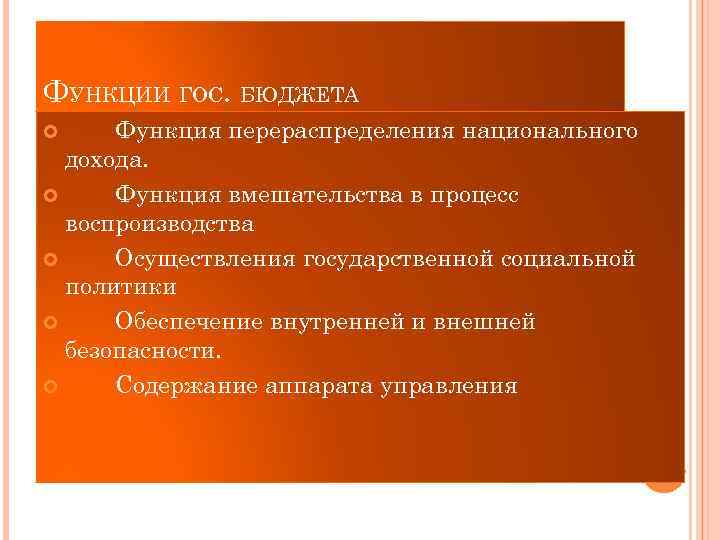 ФУНКЦИИ ГОС. БЮДЖЕТА Функция перераспределения национального дохода. Функция вмешательства в процесс воспроизводства Осуществления государственной