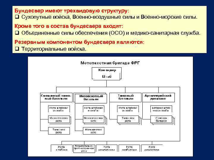 Бундесвер имеют трехвидовую структуру: q Сухопутные войска, Военно воздушные силы и Военно морские силы.