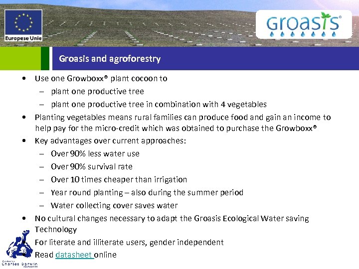 Groasis and agroforestry • Use one Growboxx® plant cocoon to – plant one productive