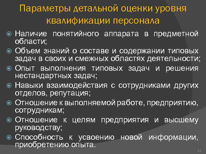 Параметры детальной оценки уровня квалификации персонала Наличие понятийного аппарата в предметной области; Объем знаний