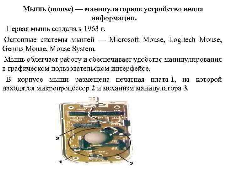 Мышь (mouse) — манипуляторное устройство ввода информации. Первая мышь создана в 1963 г. Основные