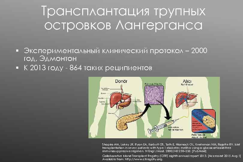 Трансплантация трупных островков Лангерганса § Экспериментальный клинический протокол – 2000 год, Эдмонтон § К