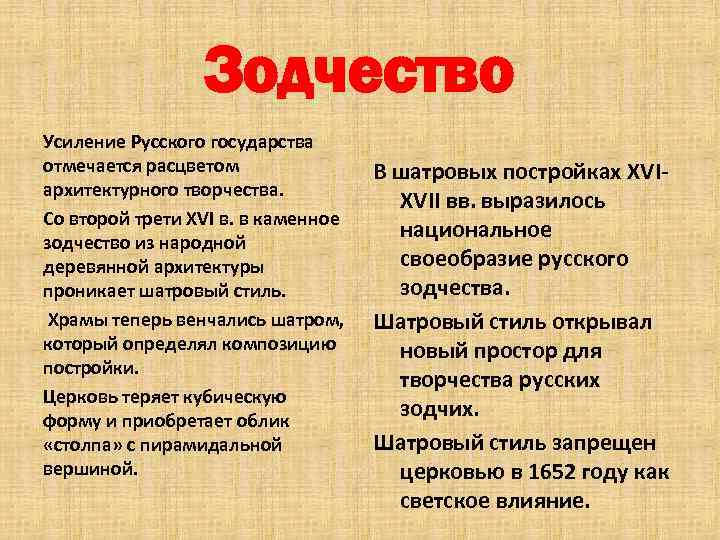 Зодчество Усиление Русского государства отмечается расцветом архитектурного творчества. Со второй трети XVI в. в