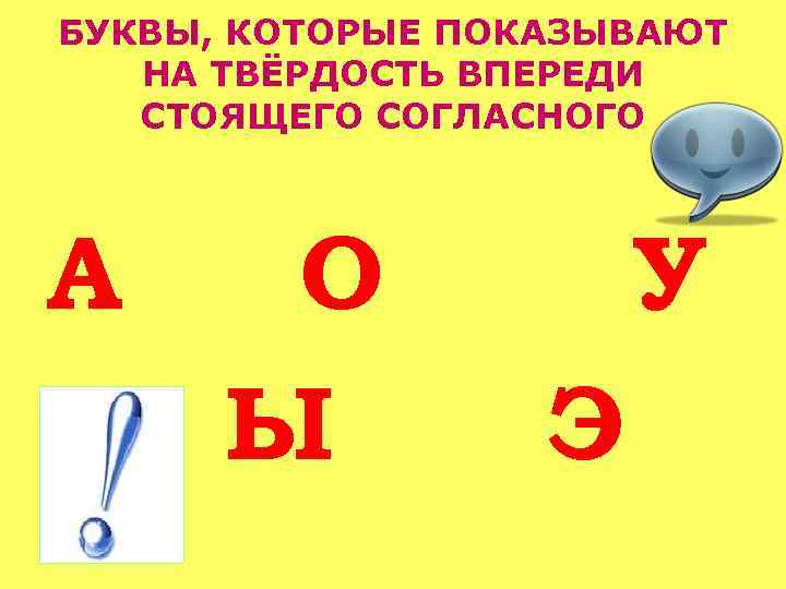 БУКВЫ, КОТОРЫЕ ПОКАЗЫВАЮТ НА ТВЁРДОСТЬ ВПЕРЕДИ СТОЯЩЕГО СОГЛАСНОГО А О Ы У Э 