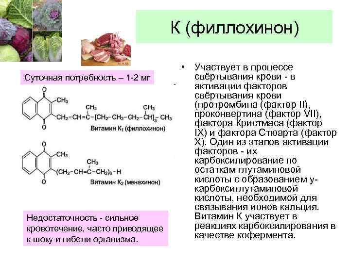 К (филлохинон) Суточная потребность – 1 -2 мг Недостаточность - сильное кровотечение, часто приводящее