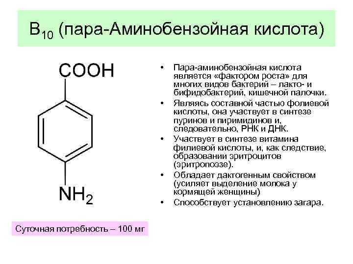 В 10 (пара-Аминобензойная кислота) • • • Суточная потребность – 100 мг Пара-аминобензойная кислота