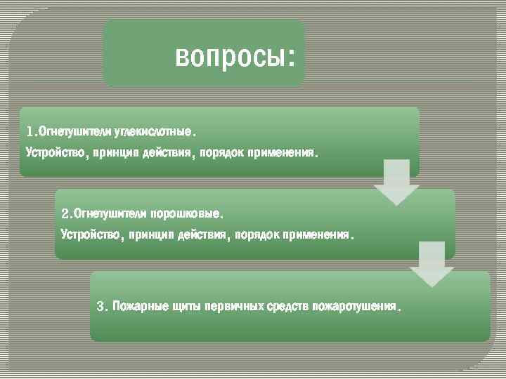 вопросы: 1. Огнетушители углекислотные. Устройство, принцип действия, порядок применения. 2. Огнетушители порошковые. Устройство, принцип