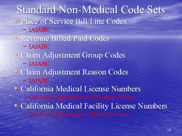 Standard Non-Medical Code Sets • Place of Service Bill/Line Codes – IAIABC • Revenue