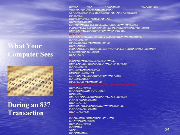 What Your Computer Sees During an 837 Transaction ISA*00* **ZZ*003000 *ZZ*WHY INC *020524*1718*U*00401*00001*0*T: ~