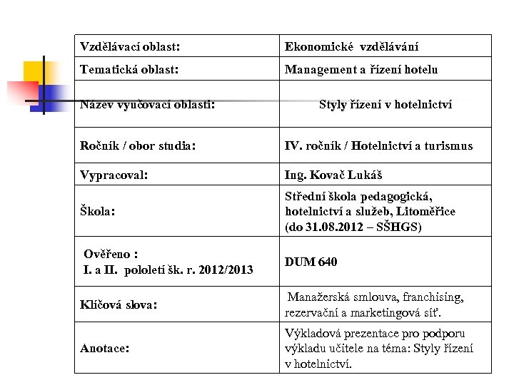 Vzdělávací oblast: Ekonomické vzdělávání Tematická oblast: Management a řízení hotelu Název vyučovací oblasti: Styly