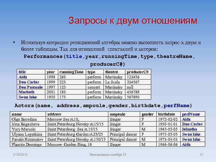Запросы к двум отношениям • Используя операции реляционной алгебры можно выполнить запрос к двум