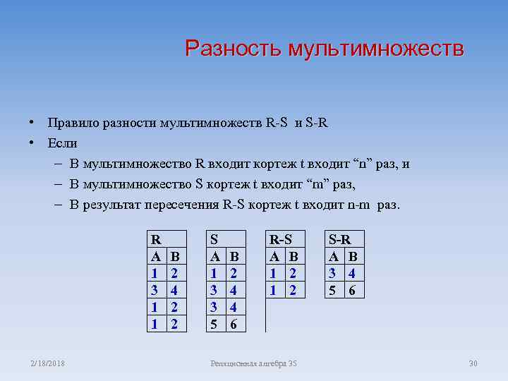 Разность мультимножеств • Правило разности мультимножеств R-S и S-R • Если – В мультимножество