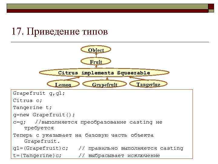 17. Приведение типов Object Fruit Citrus implements Squeezable Lemon Grapefruit Tangerine Grapefruit g, g