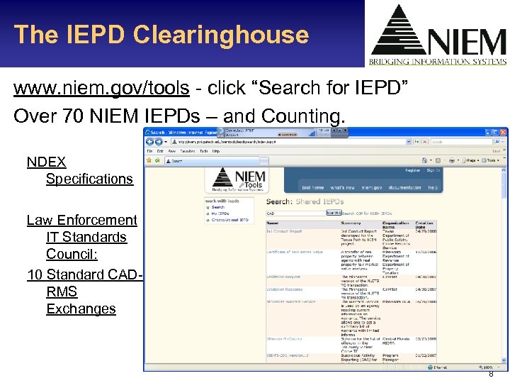 The IEPD Clearinghouse www. niem. gov/tools - click “Search for IEPD” Over 70 NIEM