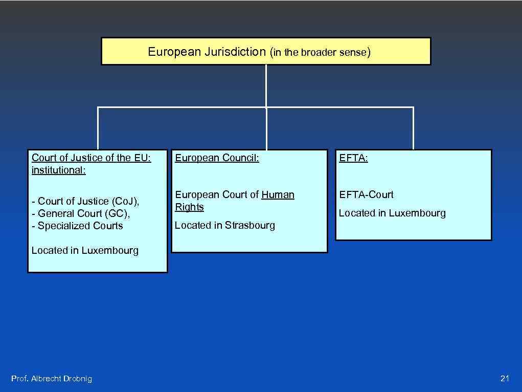 European Jurisdiction (in the broader sense) Court of Justice of the EU: institutional: -