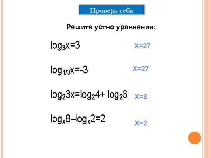 Гимназия № 8 Сочи Проверь себя Решите устно уравнения: X=27 X=8 X=2 