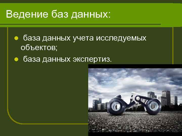 Ведение баз данных: база данных учета исследуемых объектов; l база данных экспертиз. l 