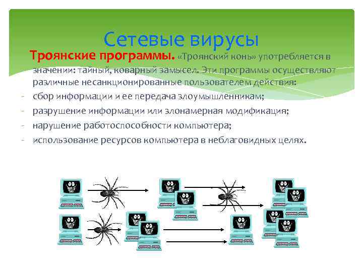 Сетевые вирусы Троянские программы. «Троянский конь» употребляется в - значении: тайный, коварный замысел. Эти