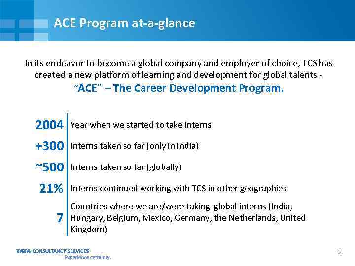 ACE Program at-a-glance In its endeavor to become a global company and employer of