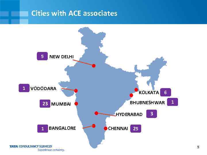 Cities with ACE associates 5 1 NEW DELHI VODODARA 23 MUMBAI KOLKATA BHUBNESHWAR HYDERABAD