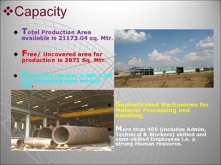 v. Capacity u Total Production Area u Free/ Uncovered area for u Production capacity