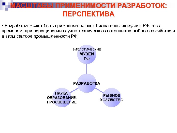 МАСШТАБЫ ПРИМЕНИМОСТИ РАЗРАБОТОК: ПЕРСПЕКТИВА • Разработка может быть применима во всех биологических музеях РФ,