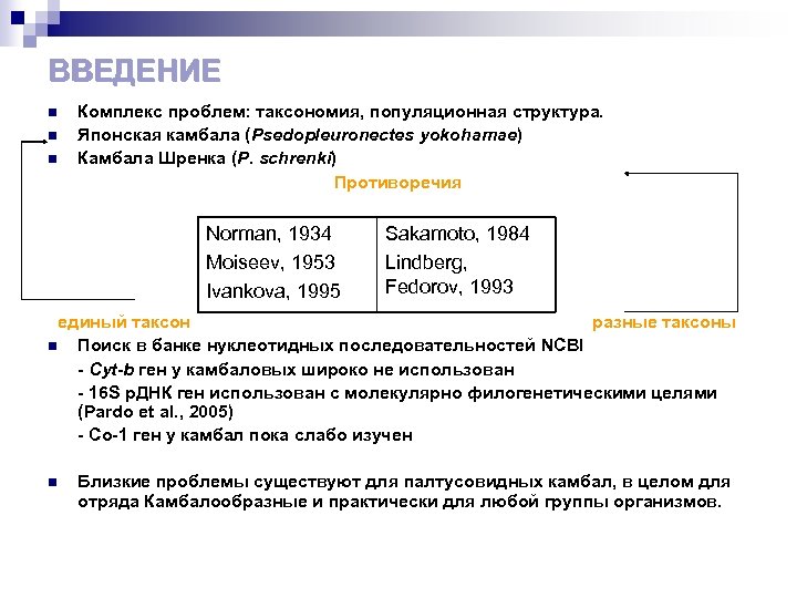 ВВЕДЕНИЕ n n n Комплекс проблем: таксономия, популяционная структура. Японская камбала (Psedopleuronectes yokohamae) Камбала