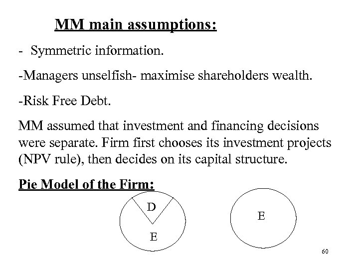  MM main assumptions: - Symmetric information. -Managers unselfish- maximise shareholders wealth. -Risk Free