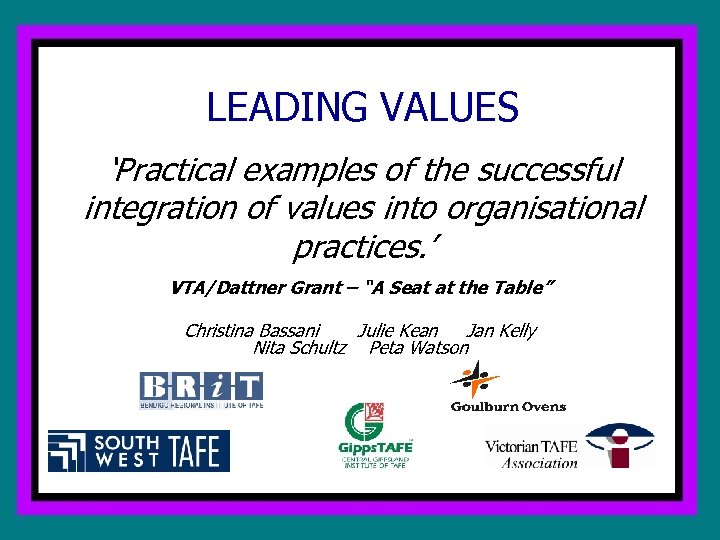 LEADING VALUES ‘Practical examples of the successful integration of values into organisational practices. ’