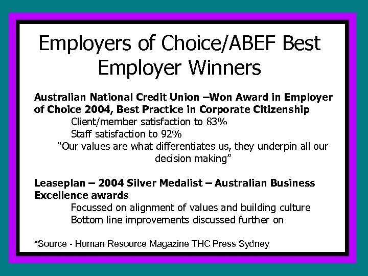 Employers of Choice/ABEF Best Employer Winners Australian National Credit Union –Won Award in Employer