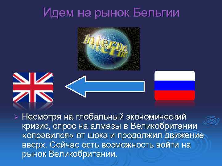 Идем на рынок Бельгии Ø Несмотря на глобальный экономический кризис, спрос на алмазы в