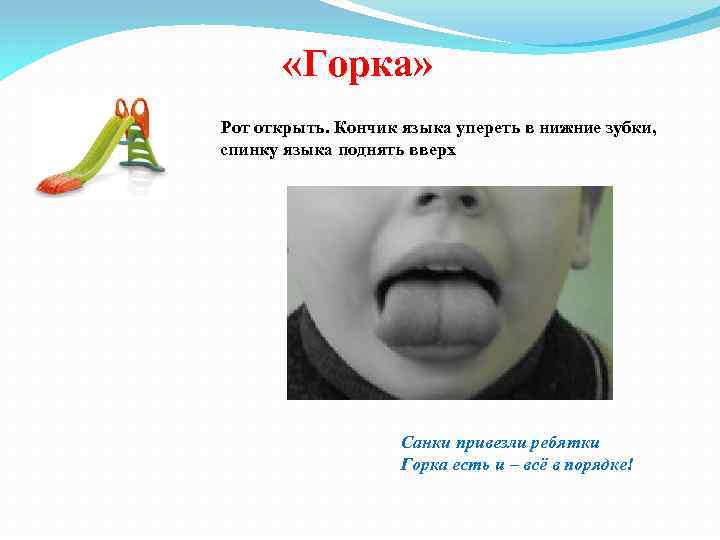  «Горка» Рот открыть. Кончик языка упереть в нижние зубки, спинку языка поднять вверх