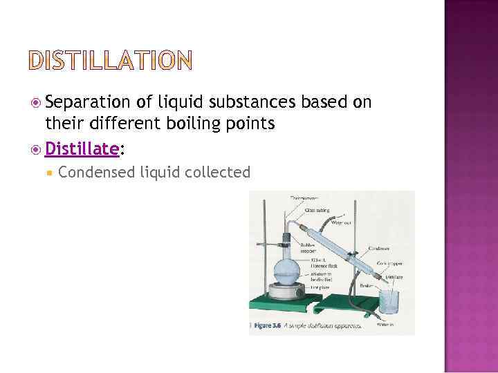  Separation of liquid substances based on their different boiling points Distillate: Condensed liquid