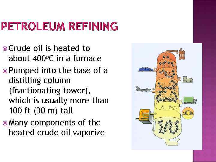 PETROLEUM REFINING Crude oil is heated to about 400 o. C in a furnace