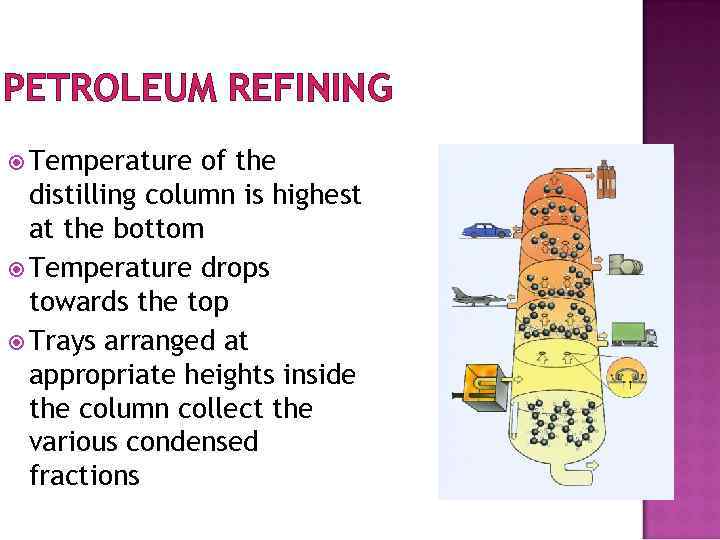 PETROLEUM REFINING Temperature of the distilling column is highest at the bottom Temperature drops