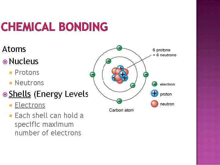 CHEMICAL BONDING Atoms Nucleus Protons Neutrons Shells (Energy Levels) Electrons Each shell can hold