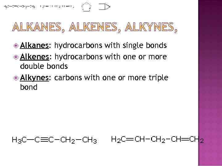  Alkanes: hydrocarbons with single bonds Alkenes: hydrocarbons with one or more double bonds