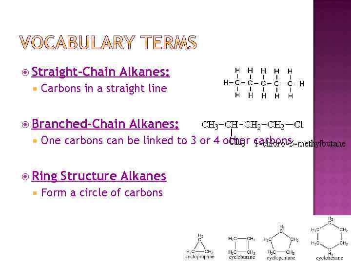  Straight-Chain Alkanes: Carbons in a straight line Branched-Chain One carbons can be linked