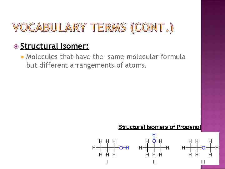  Structural Isomer: Molecules that have the same molecular formula but different arrangements of