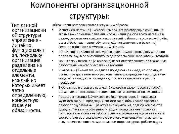 Компоненты организационной структуры: Тип данной организационн ой структуры управления линейнофункциональн ая, поскольку организация разделена