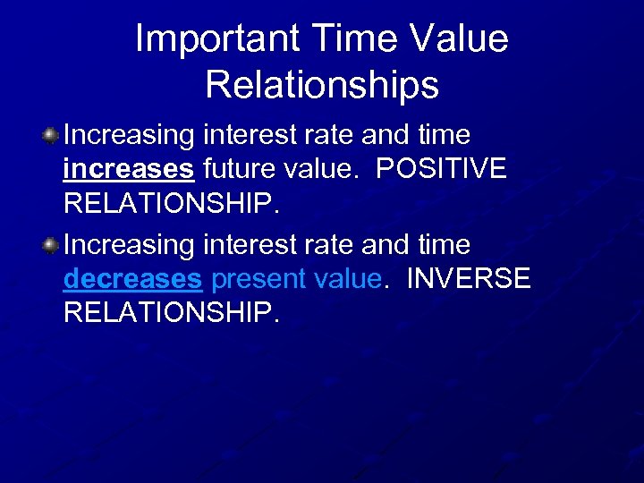 Important Time Value Relationships Increasing interest rate and time increases future value. POSITIVE RELATIONSHIP.