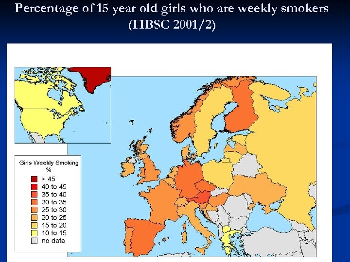Percentage of 15 year old girls who are weekly smokers (HBSC 2001/2) 