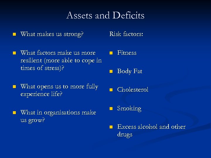 Assets and Deficits n What makes us strong? Risk factors: n What factors make