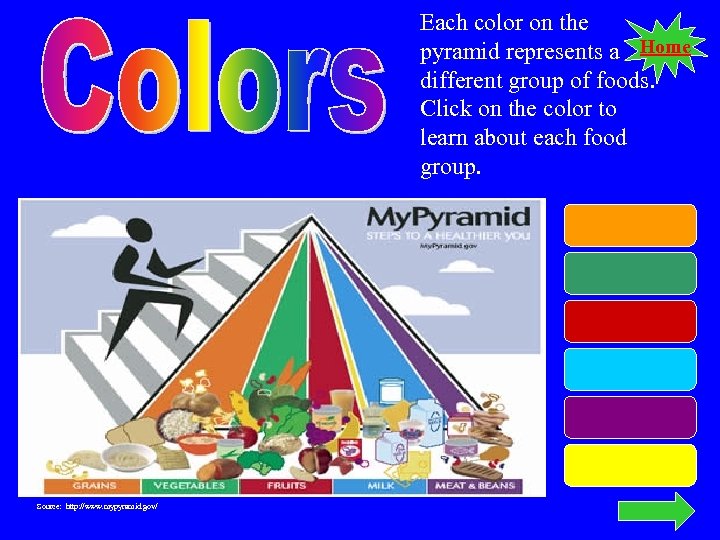 Each color on the pyramid represents a Home different group of foods. Click on