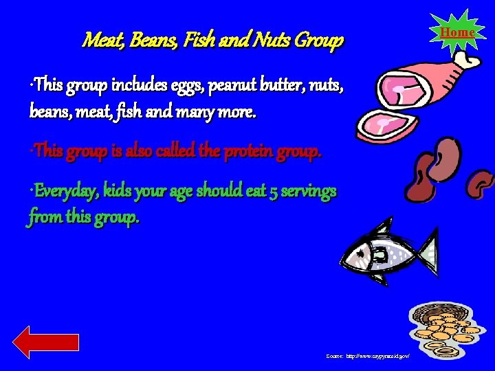 Meat, Beans, Fish and Nuts Group • This group includes eggs, peanut butter, nuts,