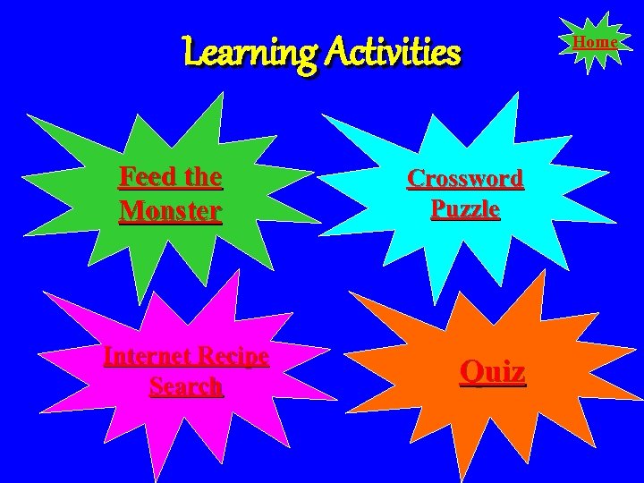 Learning Activities Feed the Monster Internet Recipe Search Crossword Puzzle Quiz Home 